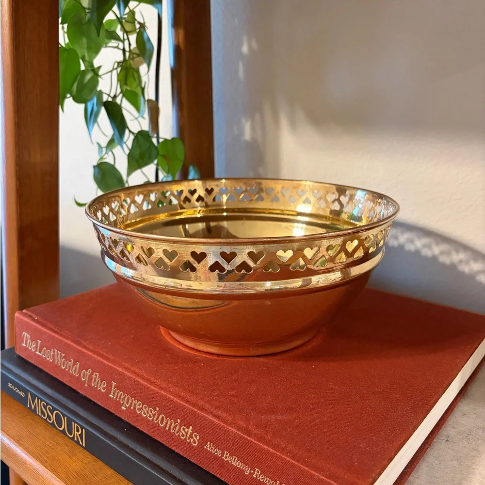 Vintage Brass Bowl Planter Pot with Heart Cutouts - Picture 1 of 10